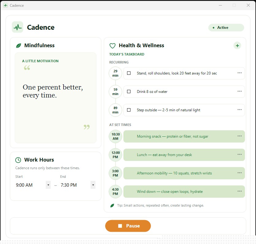 Cadence desktop app showing mindfulness, work hours, and a wellness taskboard